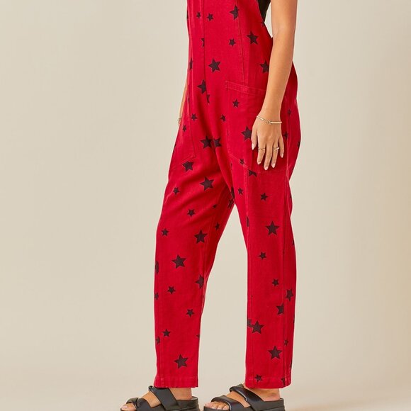 RED & BLACK Star Print One-Piece College Pro Fan GAMEDAY DENIM Onesie Jumpsuit - Picture 9 of 11